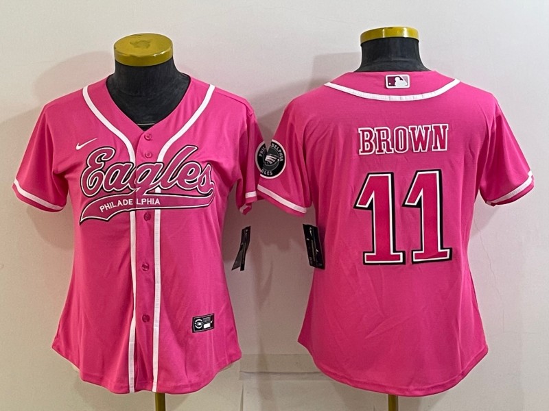 Women's Philadelphia Eagles #11 A. J. Brown Pink With Patch Cool Base Stitched Baseball Jersey(Run Small)